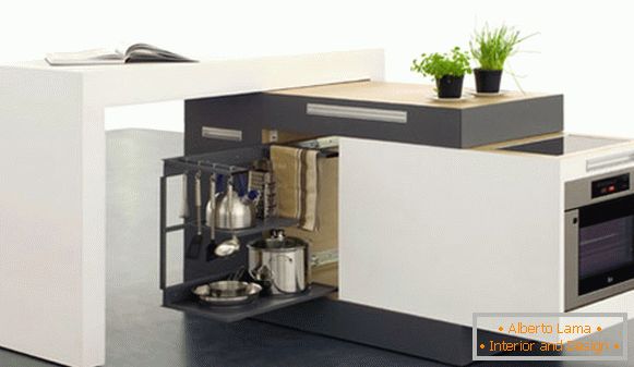 Interiér velmi malé kuchyně: mobilní kuchyňská sada