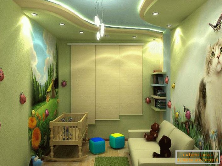 Jasný design dětského pokoje s barevnými kresbami jako chlapec a dívka. 