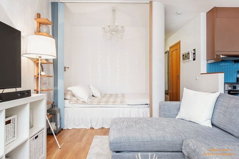 Návrh obývacího pokoje a ložnice в однокомнатной квартире 33 кв м