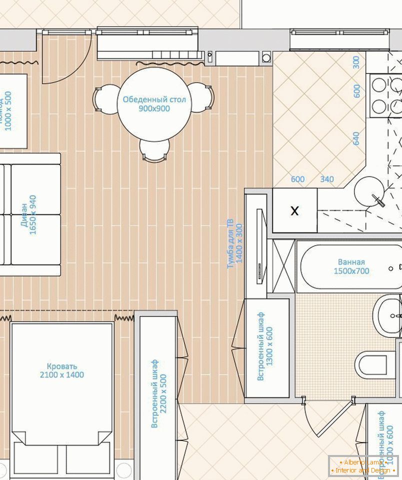 Dispozice jednopokojového bytu o rozloze 33 m2