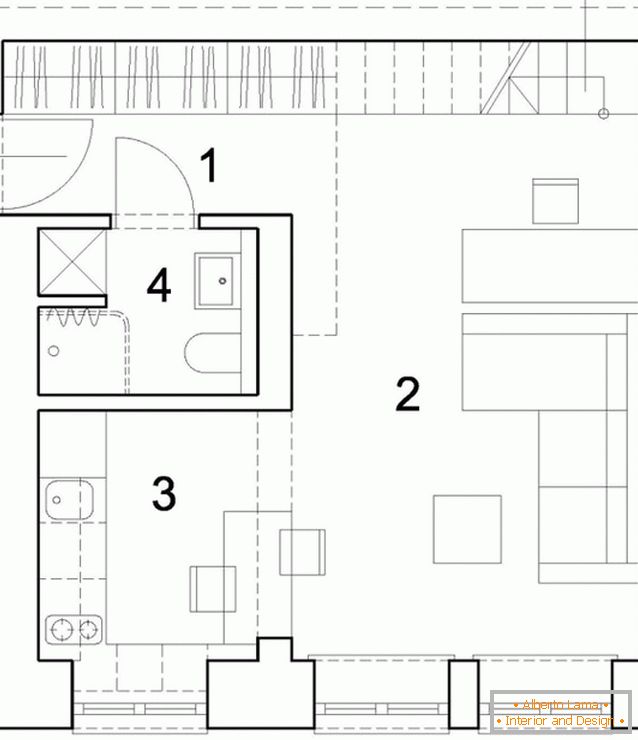 Dispozice první úrovně dvoupodlažního studiového bytu v Polsku