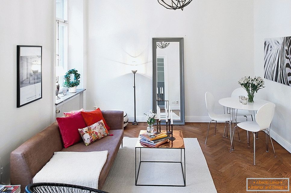 Interiér obývacího pokoje ve stylu skandinávského designu