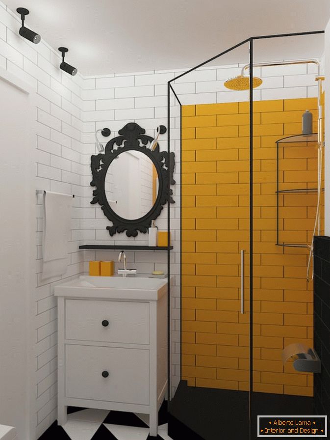 Žluté akcenty v černobílé koupelně