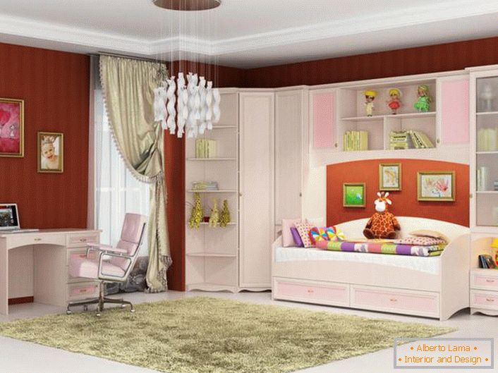 Stylový pokoj pro mladou módu. Modulový nábytek pro děti je vyroben v růžové a bílé barvě - to, co potřebujete pro dívku.