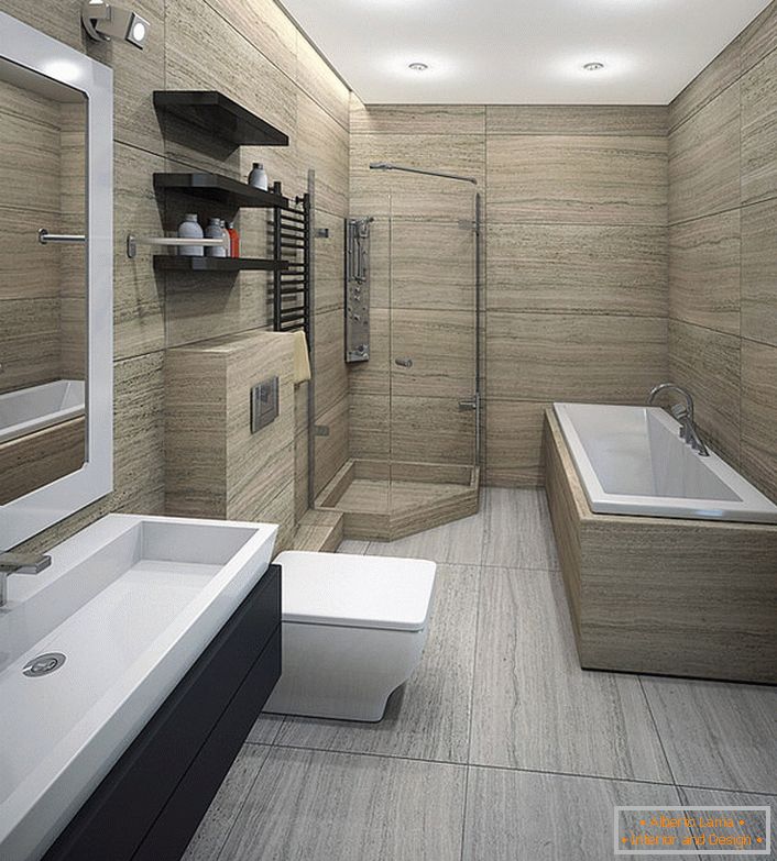 Prostorná minimalistická koupelna je vhodná pro milovníky sprchy a pro ty, kteří upřednostňují koupání.
