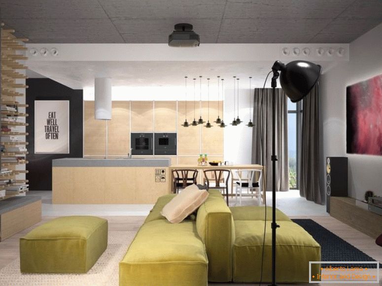 obývací pokoj ve stylu podkroví s obojstranným gaučem