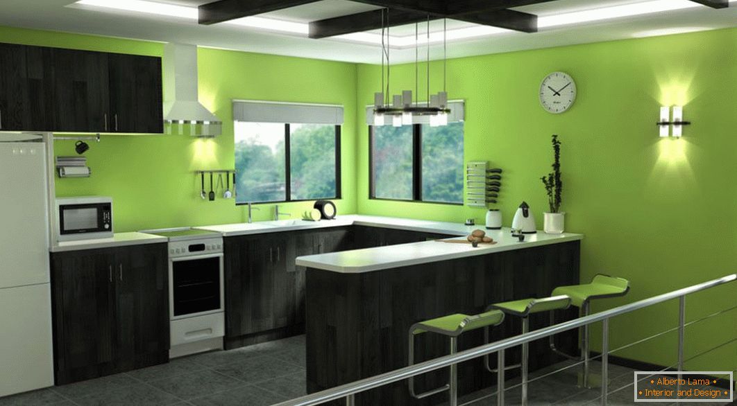 Zelená kuchyně s černým nábytkem
