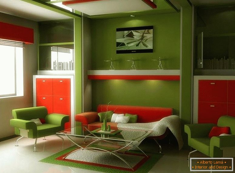Zelený interiér s oranžovým nábytkem