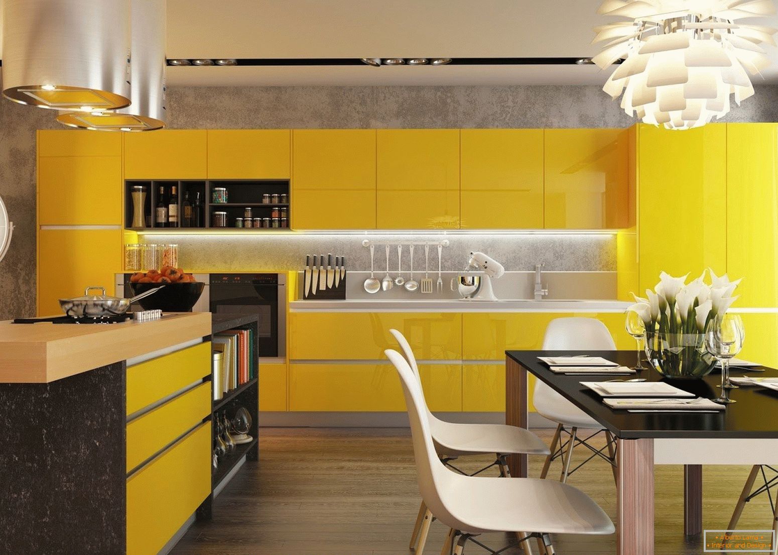 Kuchyně с желтыми фасадами и черным столом
