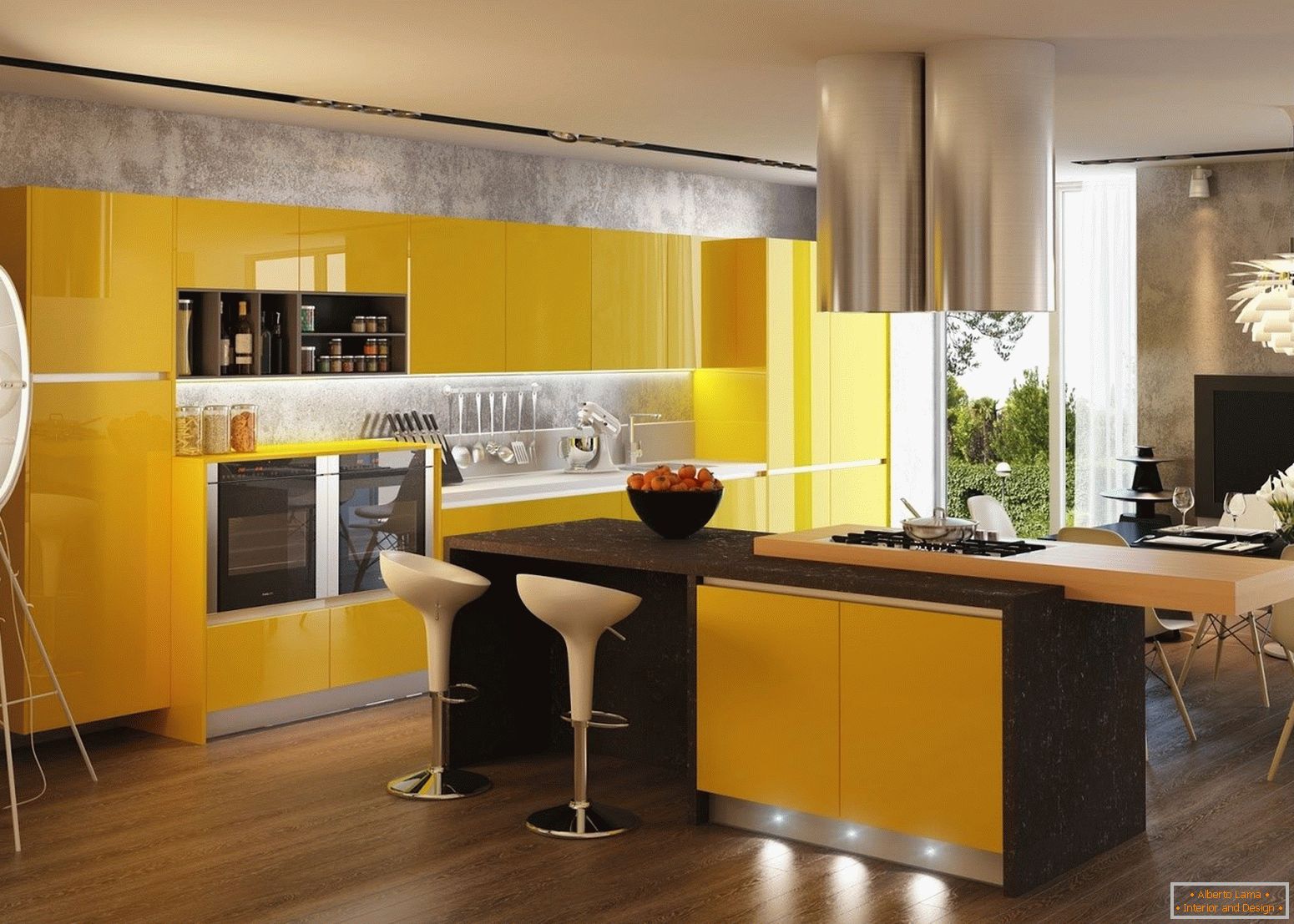 Interiér se žlutou kuchyní