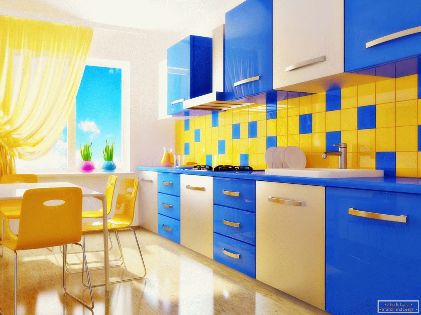 Modrá a žlutá kuchyně