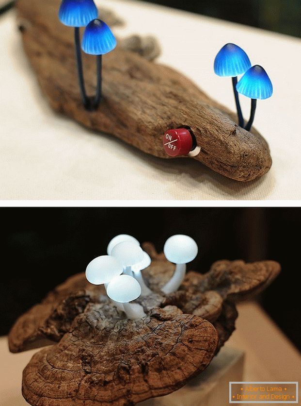 LED lampa ve formě hub na dřevěném kusu