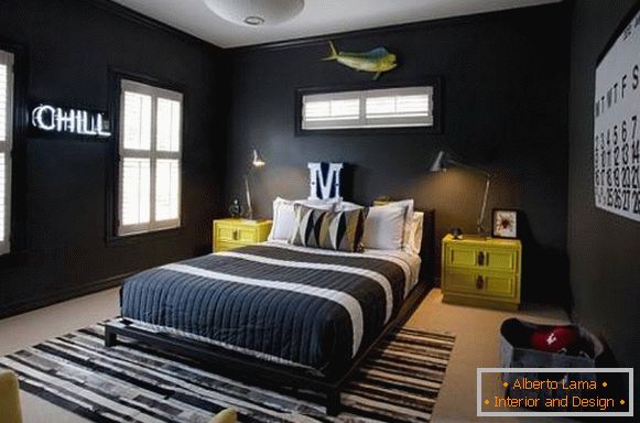 Černá tapeta pro ložnici v moderním stylu