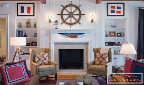 Návrh obývacího pokoje v mořském stylu a barvách