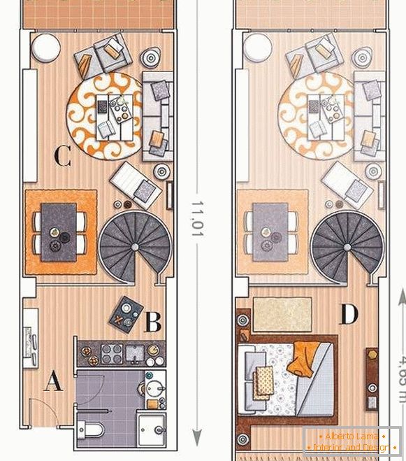 Dispozice dvoupodlažního bytu