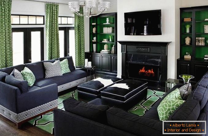 Obývací pokoj v tmavě zelené barvě