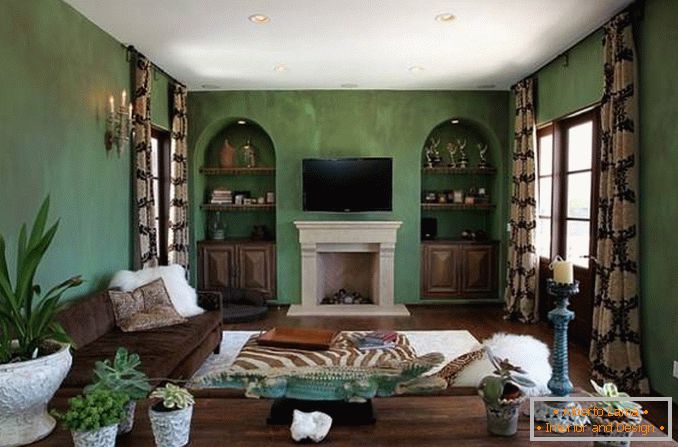 Obývací pokoj v zelené a hnědé barvě