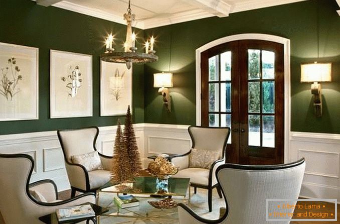 Návrh obývacího pokoje v zelené a bílé barvě
