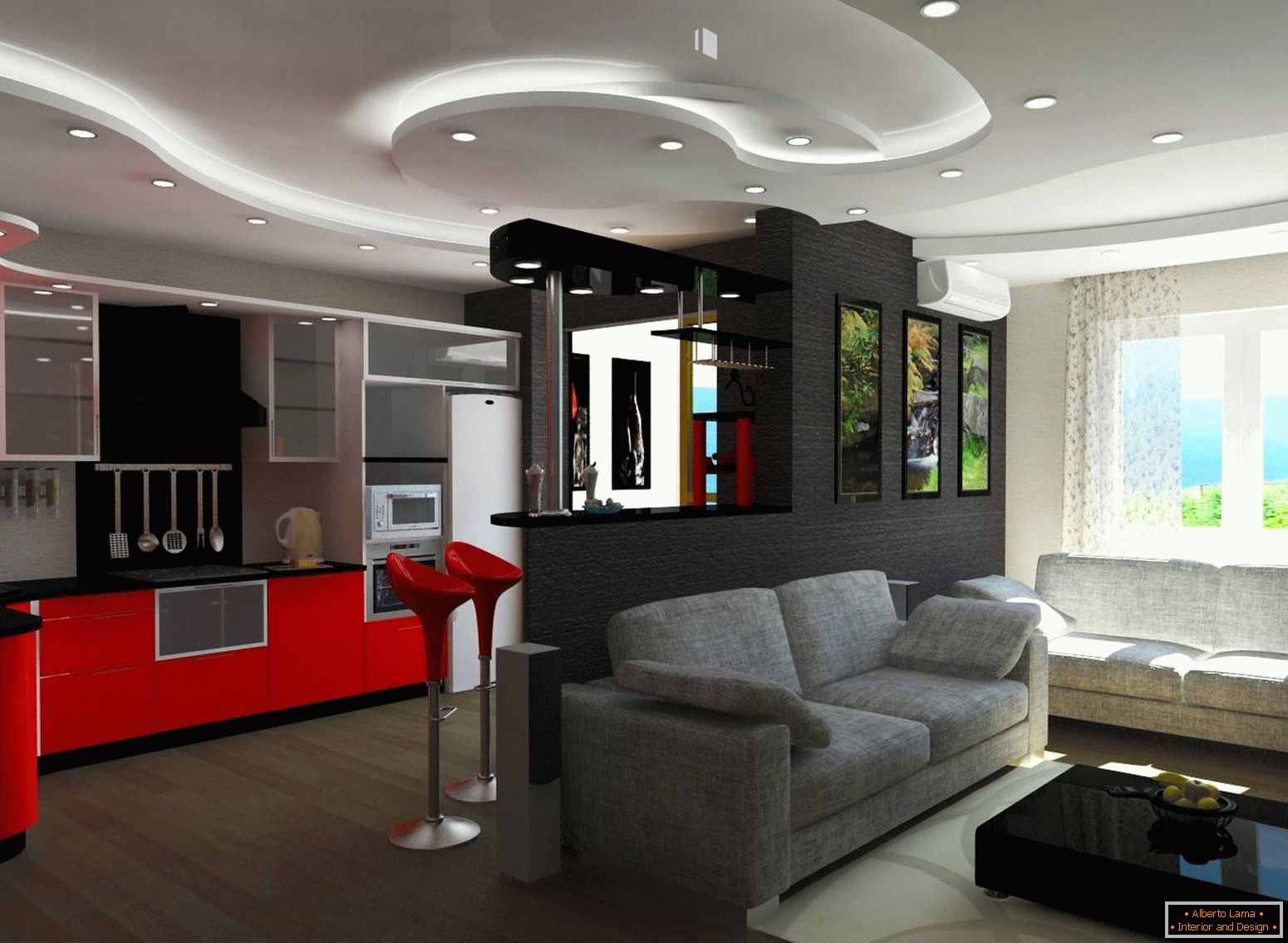 Designový projekt kuchyně a obývací pokoj 20 m².