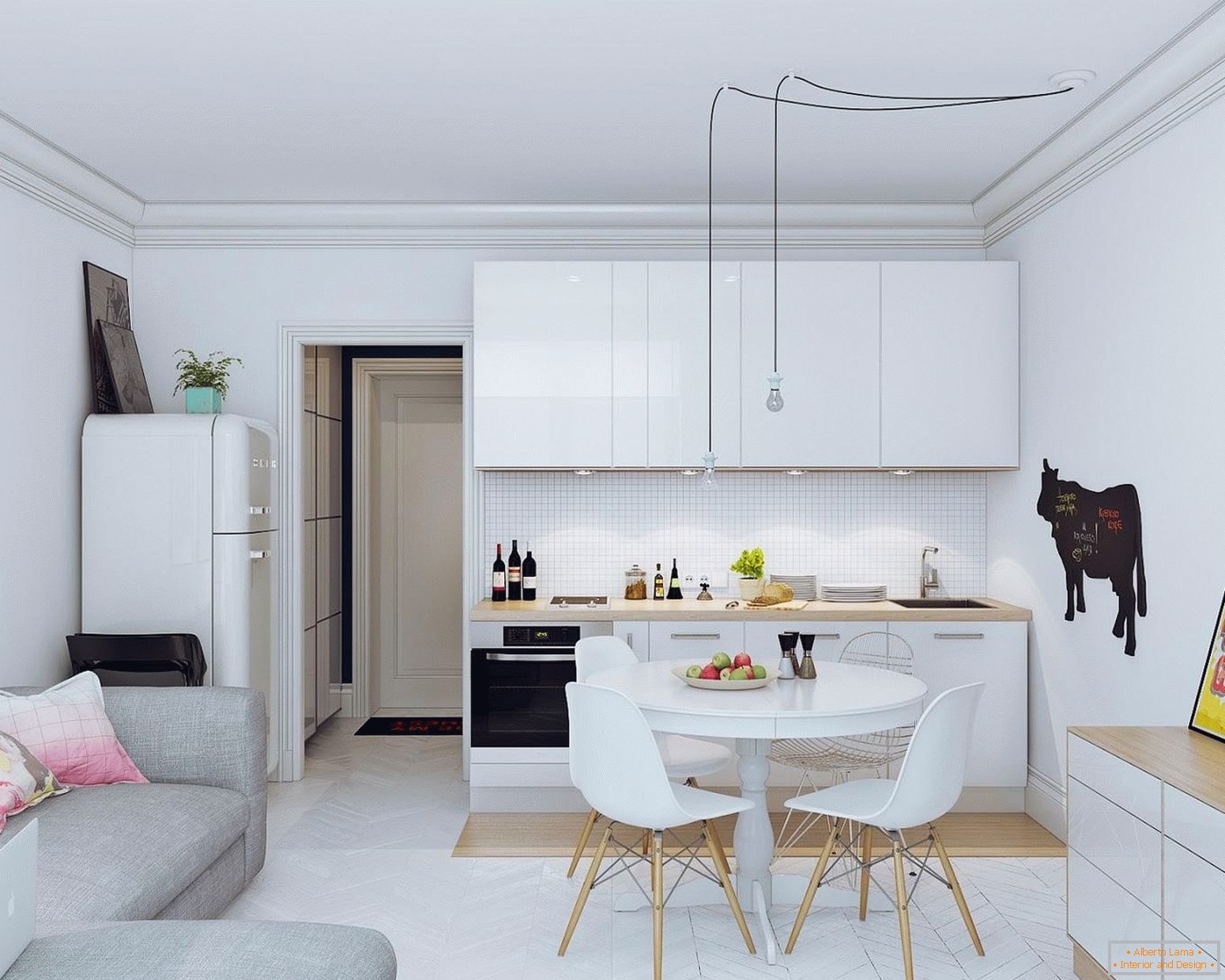 Moderní obývací pokoj s kuchyňským koutem v jasném provedení
