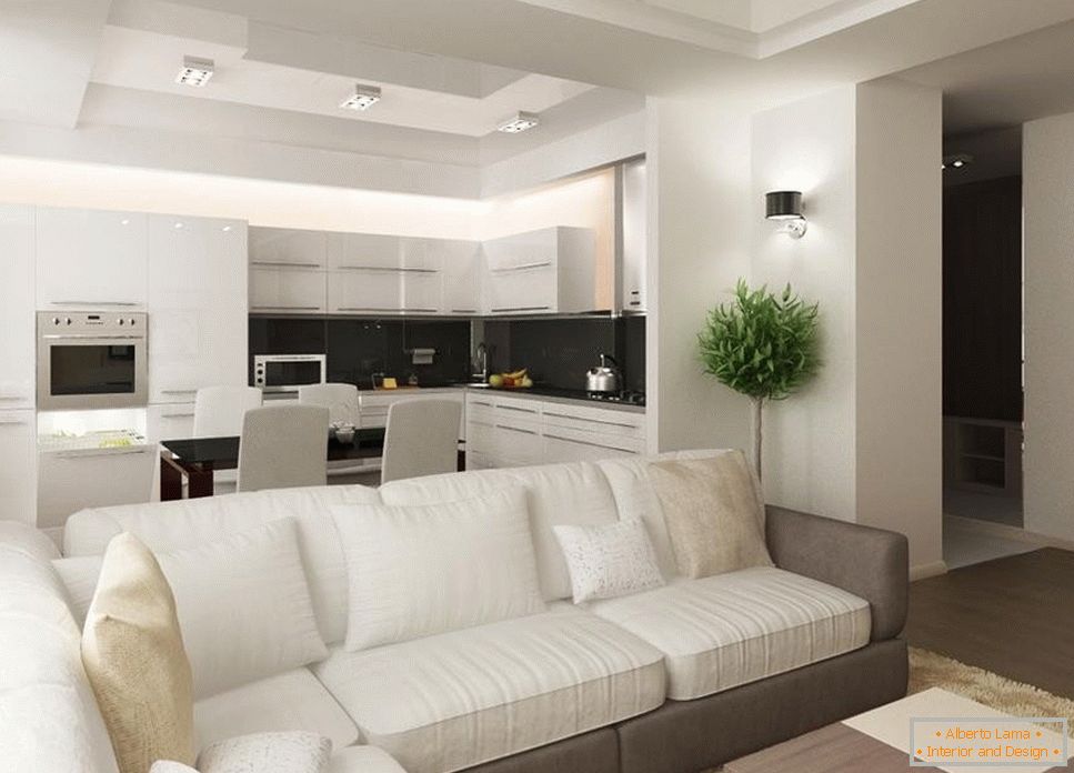 Kombinovaná kuchyně a obývací pokoj v bílých tónech