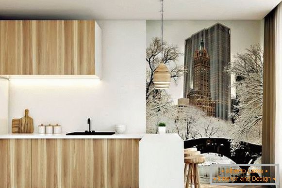 Skandinávský kuchyňský design s nástěnným papírem na zdi