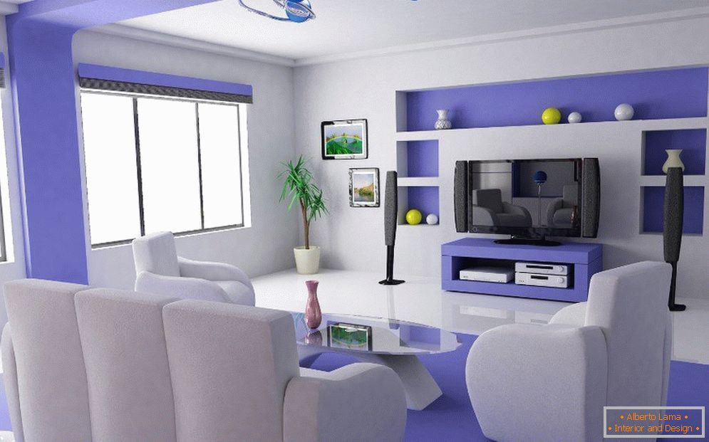 Fialový interiér s bílým nábytkem