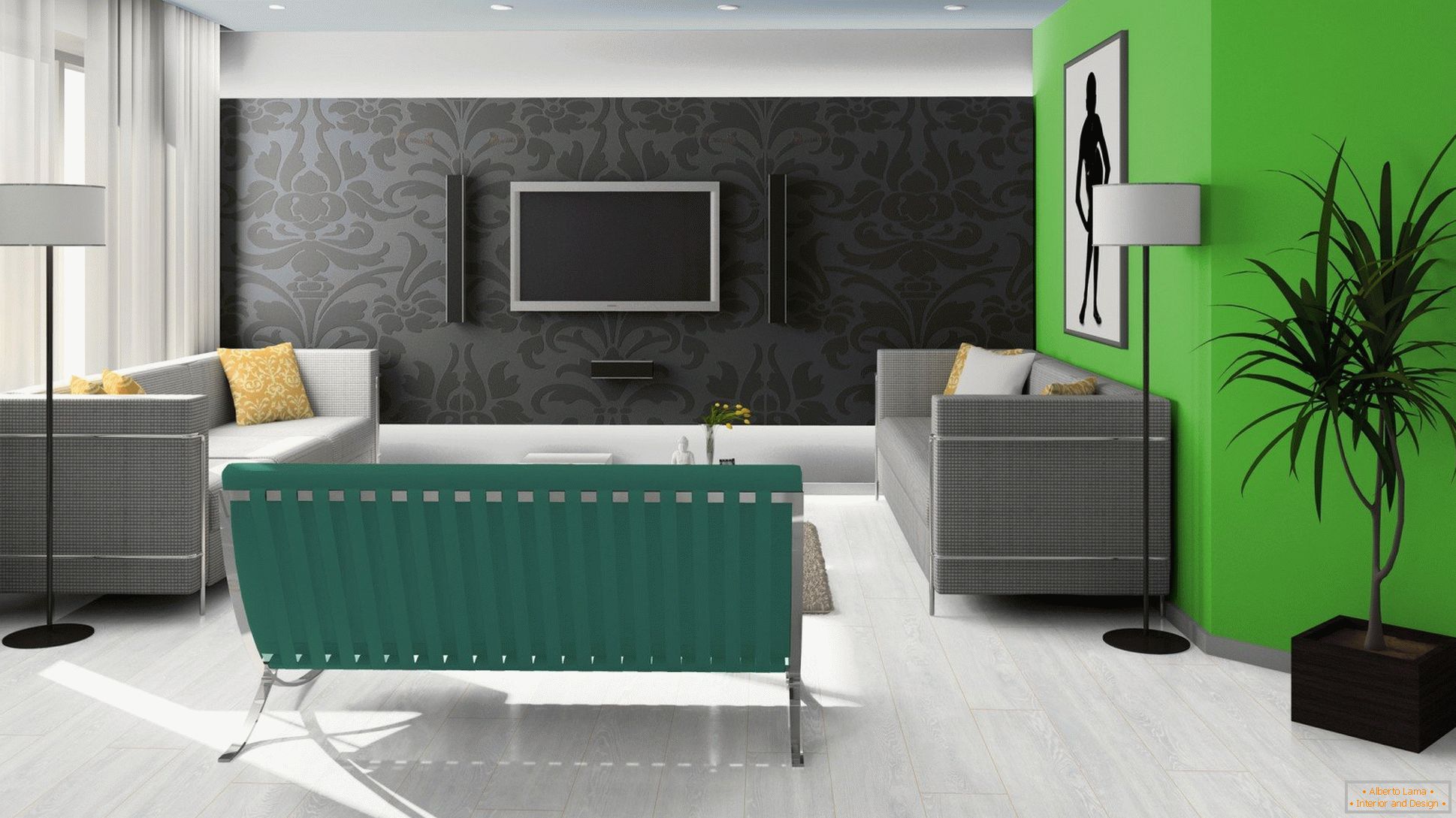 Černá, zelená a bílá v designu obývacího pokoje