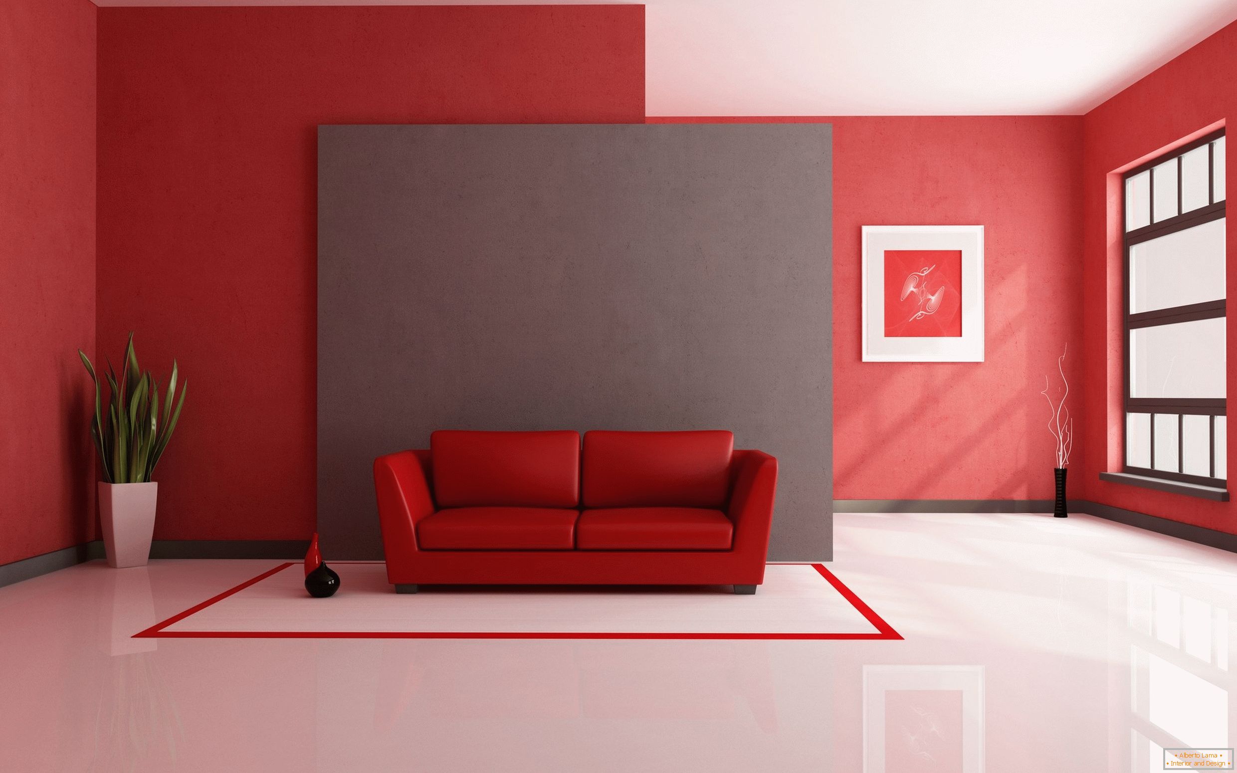 Bílá podlaha v kombinaci s červenými dokončovacími materiály a interiérovými prvky
