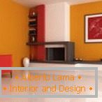Kombinace oranžové, červené a bílé v designu obývacího pokoje