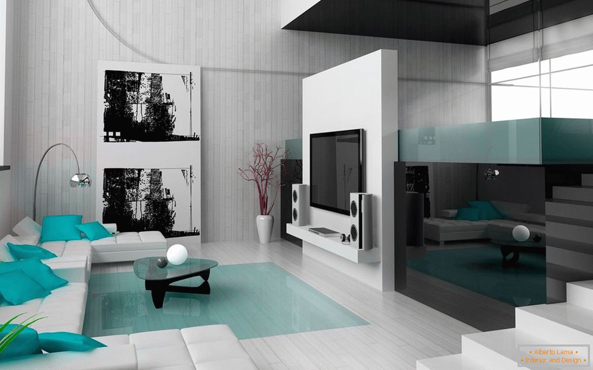 Obývací pokoj v černé a bílé barvě s tyrkysovými prvky interiéru