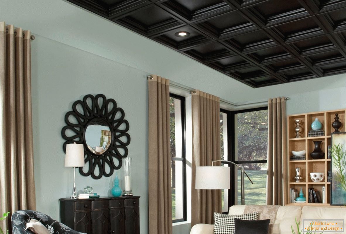 Dřevěný černý strop v obývacím pokoji