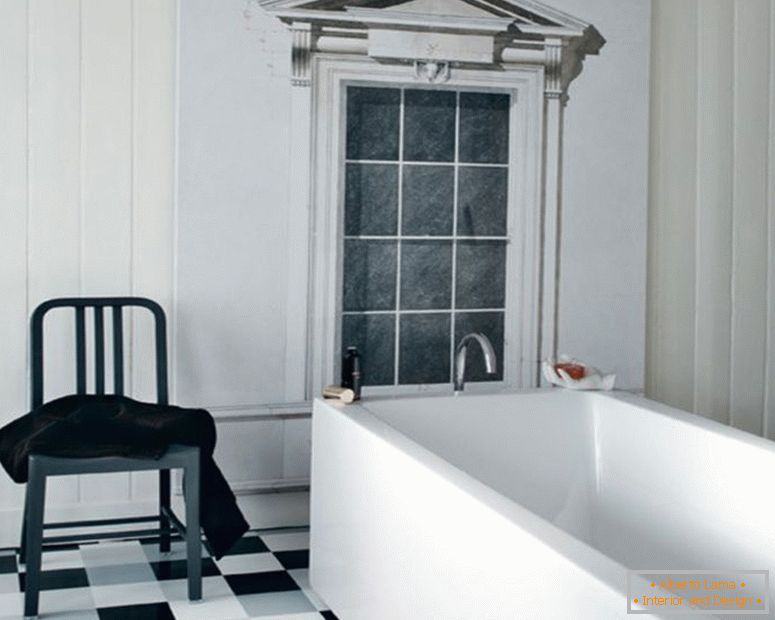black-and-white-traditional-interior-koupelroom-design-white-corian-square-koupeltub-black-and-white-floor-tile-vintage-plastic-stool-white-wood-frame-window-black-and-white-koupelroom-ideas-interior-koupel