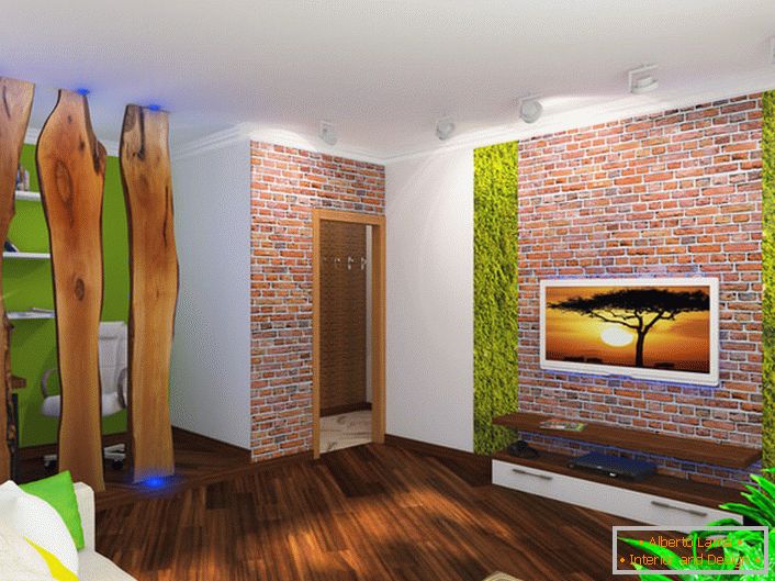 Cihlový dům je s výhodou kombinován s dřevěnou výzdobou obývacího pokoje.