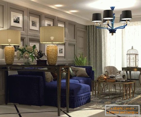 Návrh obývacího pokoje se zlatým a modrým dekorem