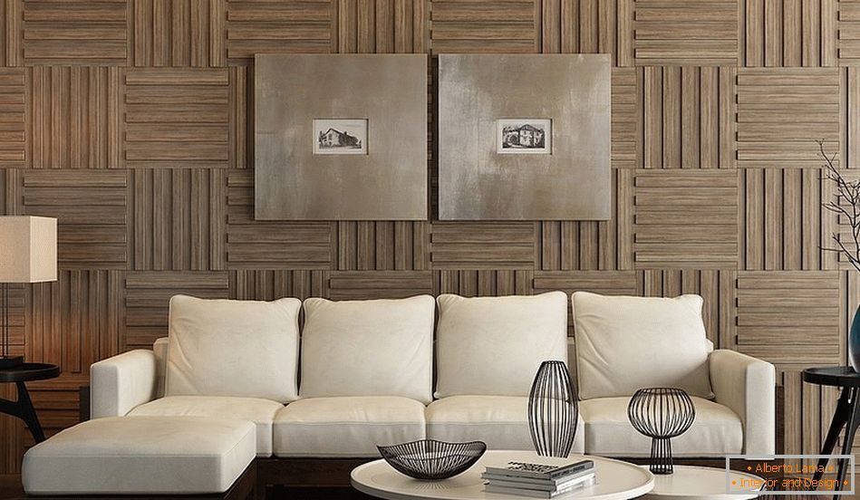 Dřevěné panely на стене в интерьере