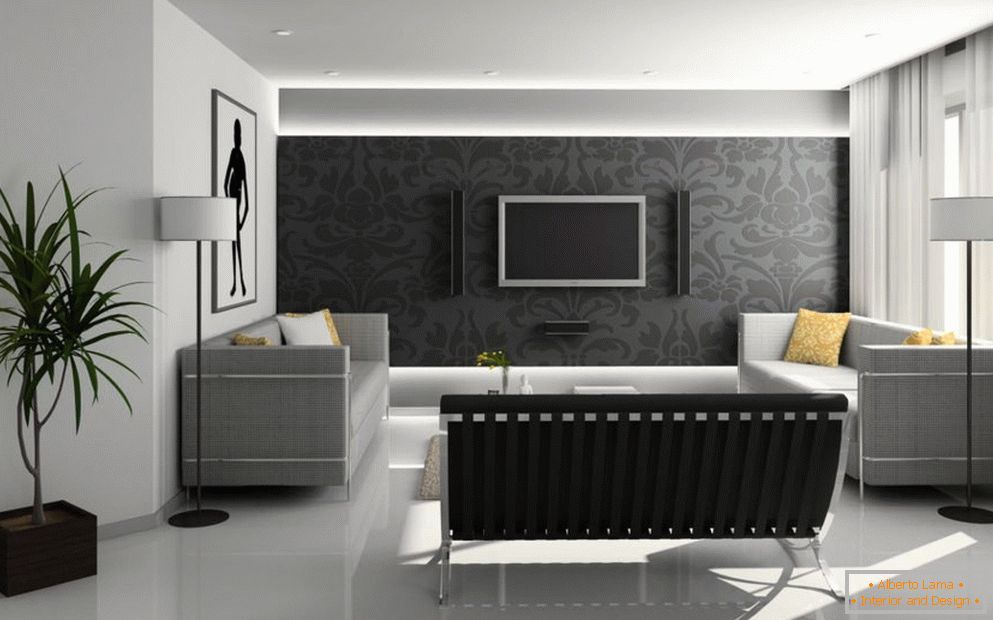 Obývací pokoj v high-tech stylu s lampami