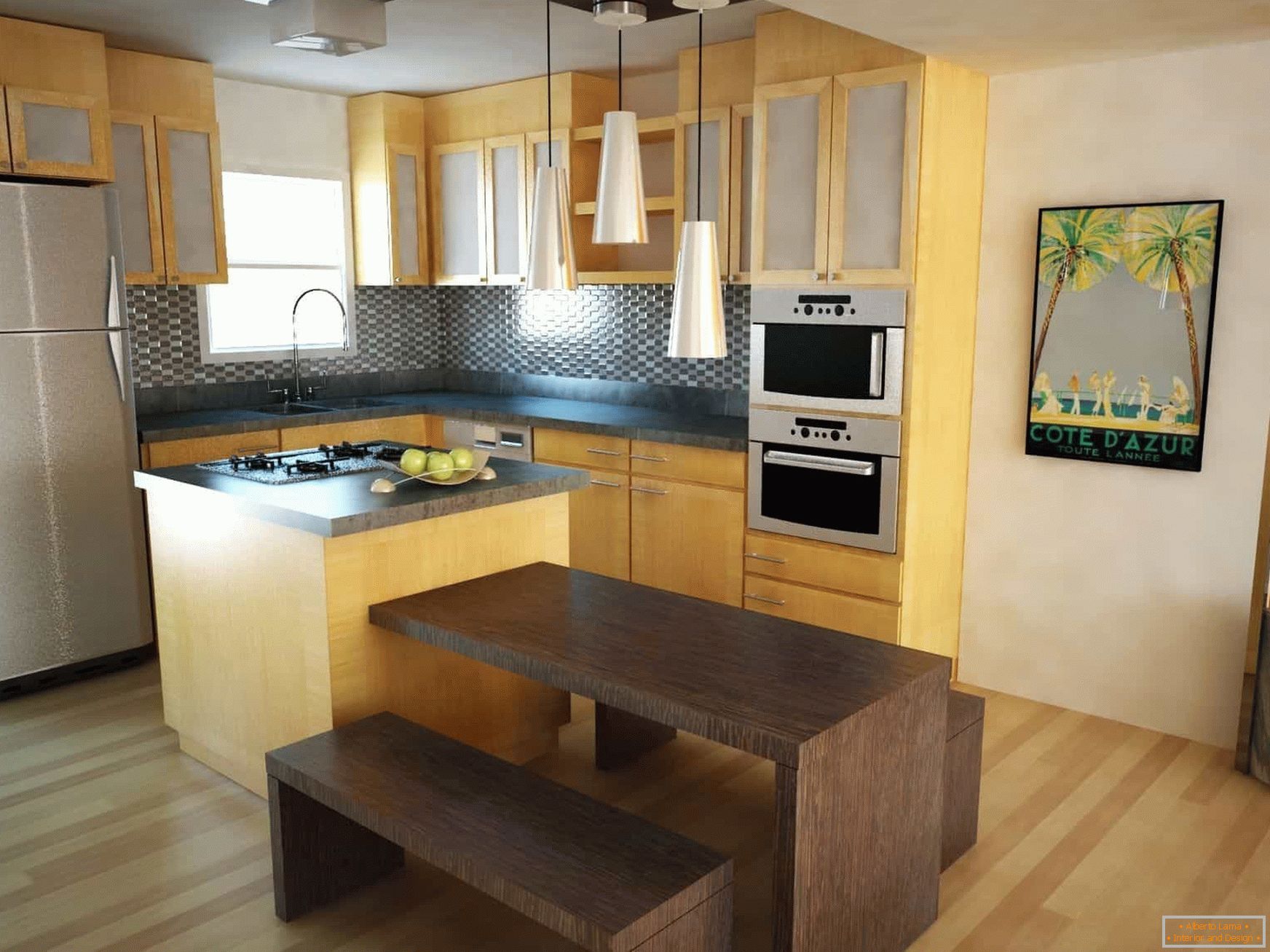 Rohová kuchyň s oknem se stolem a lavicemi v ekologickém stylu