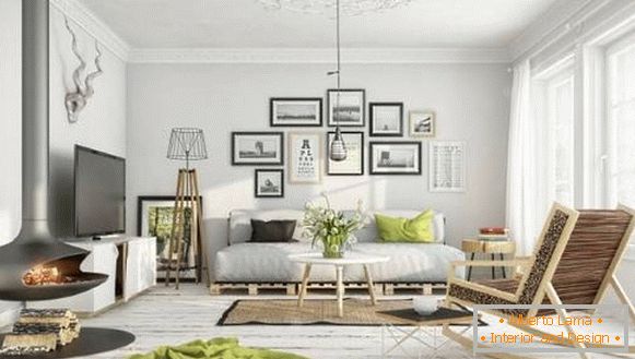Návrh obývacího pokoje soukromého domu ve skandinávském stylu