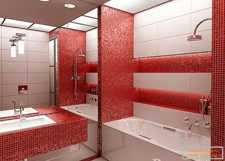 Červená mozaika v koupelně