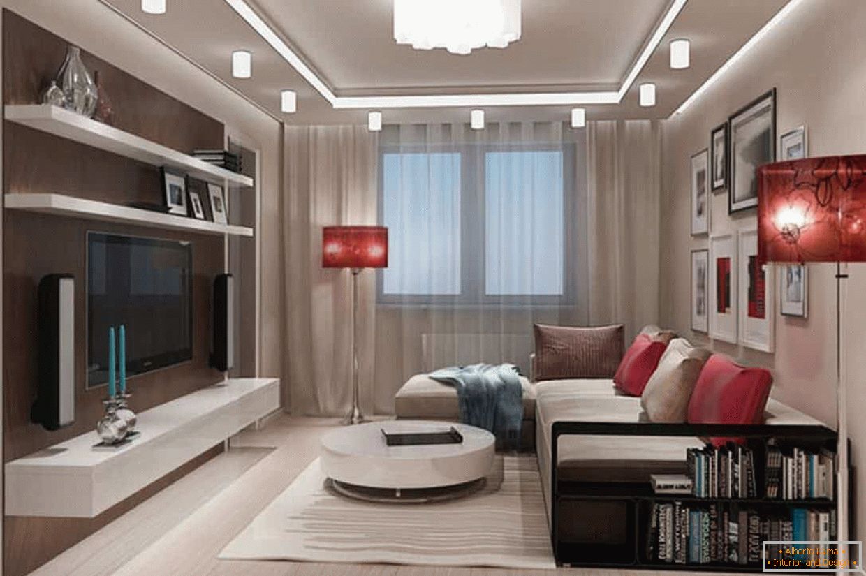 Dvoupatrový strop v designu obývacího pokoje