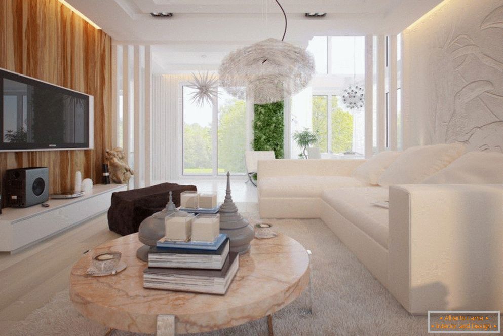 Světlé barvy v interiéru obývacího pokoje ve stylu minimalismu