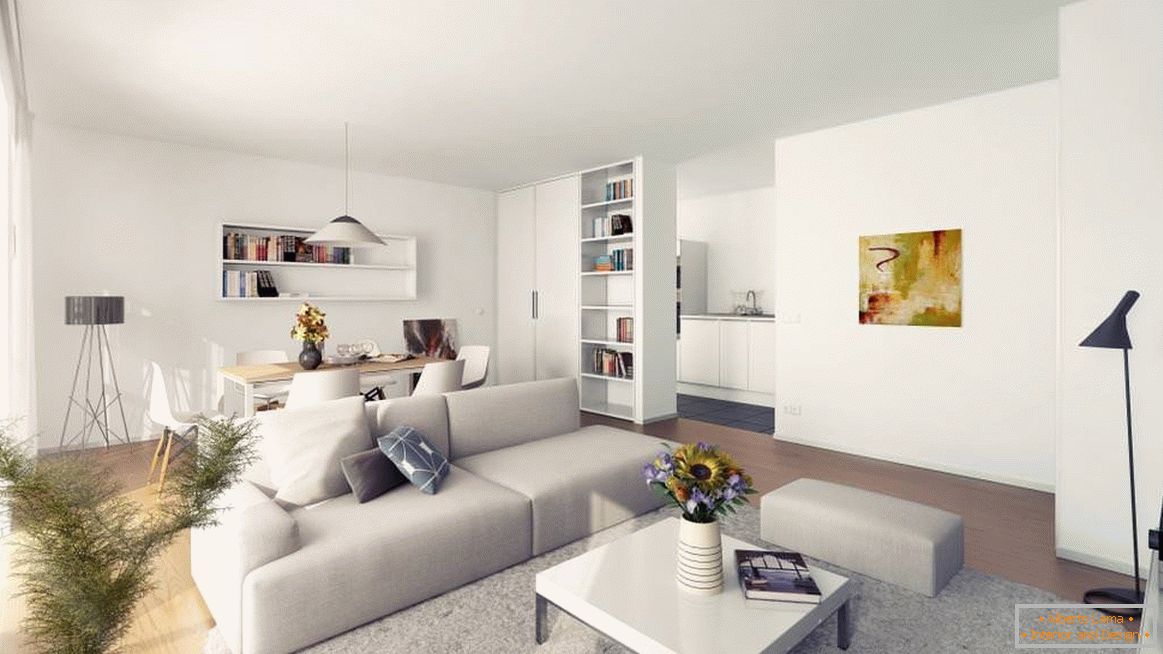 Bílý strop v obývacím pokoji v minimalistickém stylu
