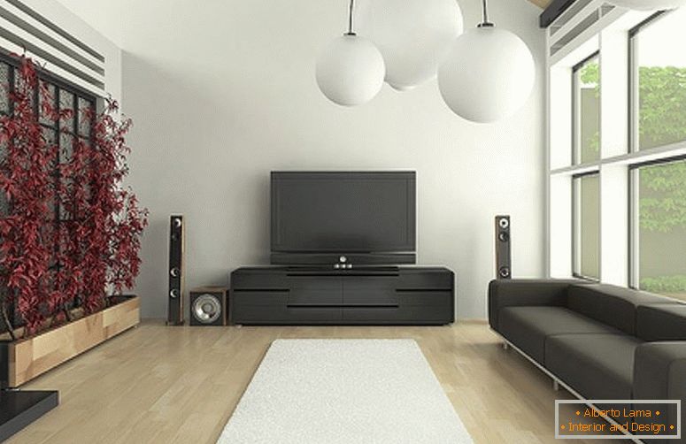 Tmavý nábytek v obývacím pokoji v minimalistickém stylu