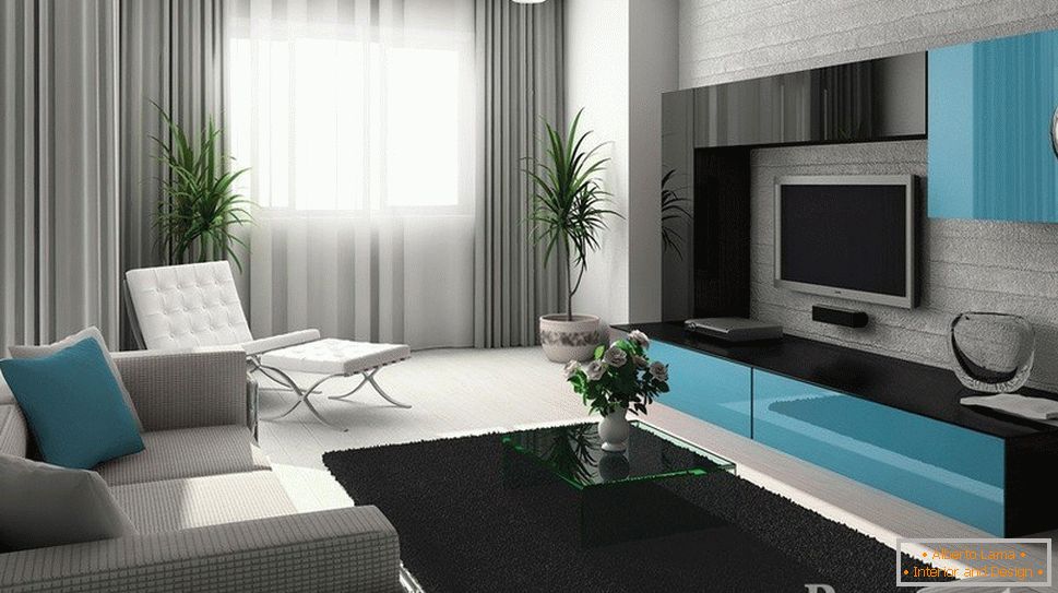 Šedo-modrý interiér obývacího pokoje