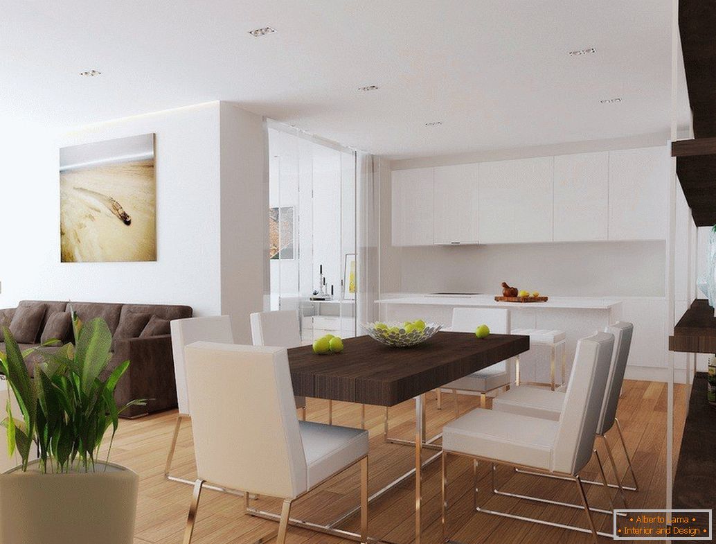 Bílá kuchyně a obývací pokoj s jídelním koutem