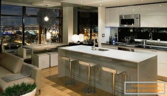 kuchyňský design kombinovaný s obývacím pokojem v bytě, foto 25