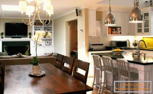 kuchyňský design obývacího pokoje v dřevěném domě, foto 47