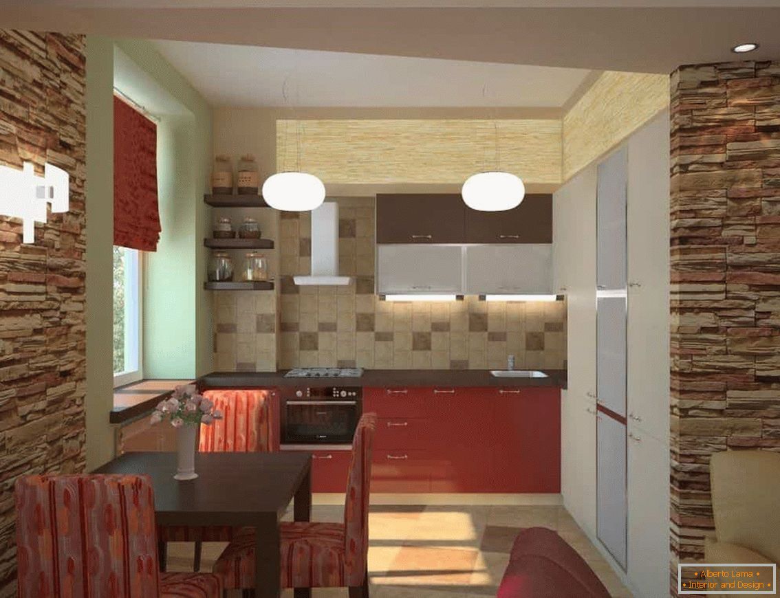Umělý kámen ve výzdobě stěn v obývacím pokoji v kombinaci s kuchyní v Chruščově