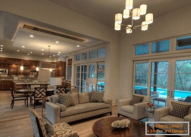 designový obývací pokoj s panoramatickými okny фото
